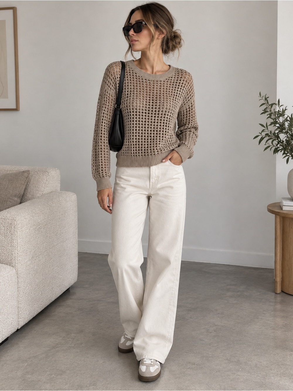 Calvin Klein Jeans Beige Open Knit Crochet Sweater Size L